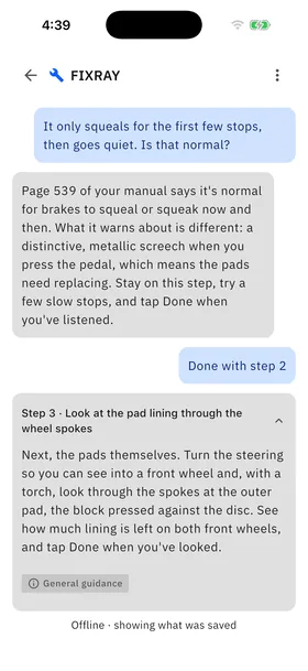 The brake job opened with no signal: a question about the squeal, the answer from page 539 of the manual and step 3, all still readable above the line "Offline · showing what was saved".