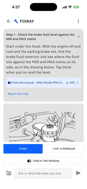 Step 1 of the brake job, "Check the brake fluid level against the MIN and MAX marks", labelled as from the 2012 Honda Pilot Owner's Manual, page 592, above the manual's drawing of the brake fluid reservoir and the Done and I hit a problem buttons.